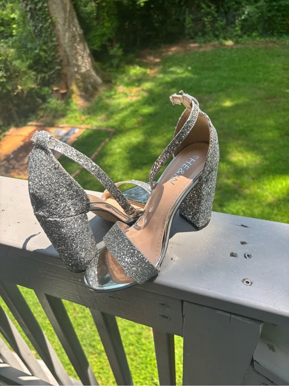 SHEIN Silver Glitter Block Heel Sandals